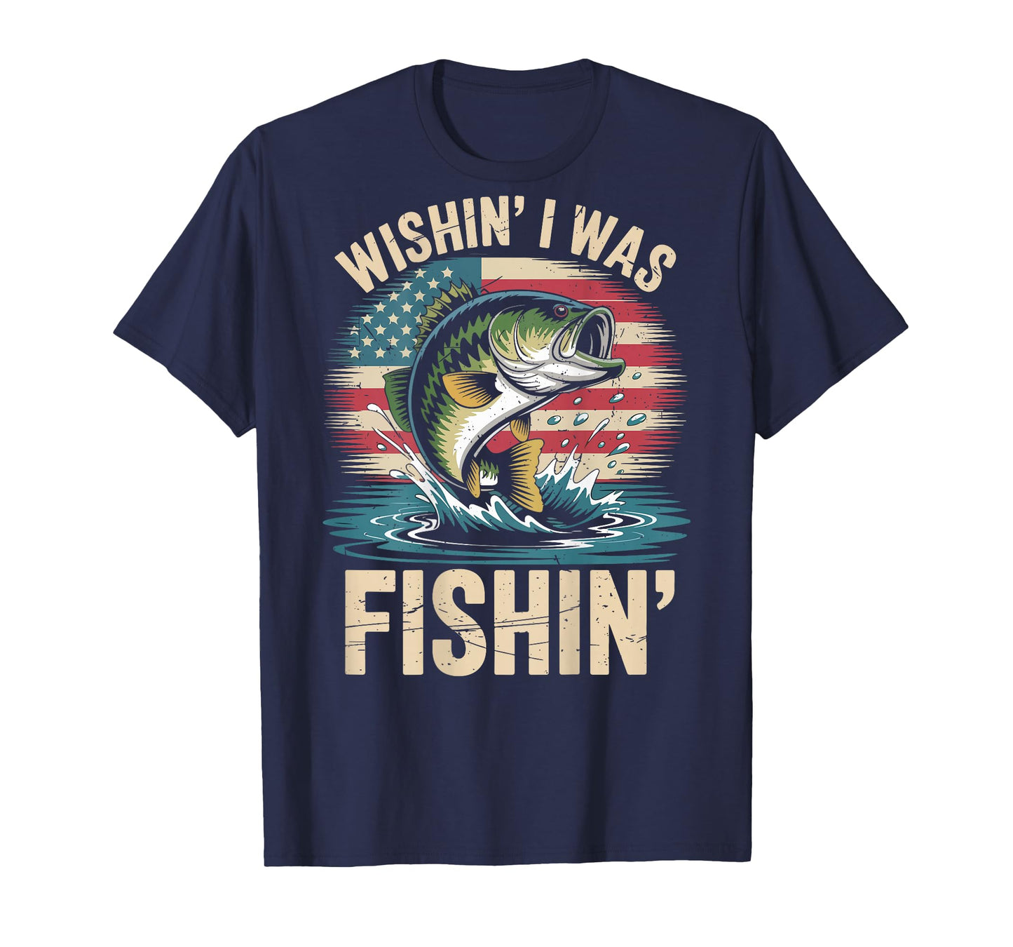 Boys Wishing was Fishing Largemouth Bass Fish American Flag T-Shirt