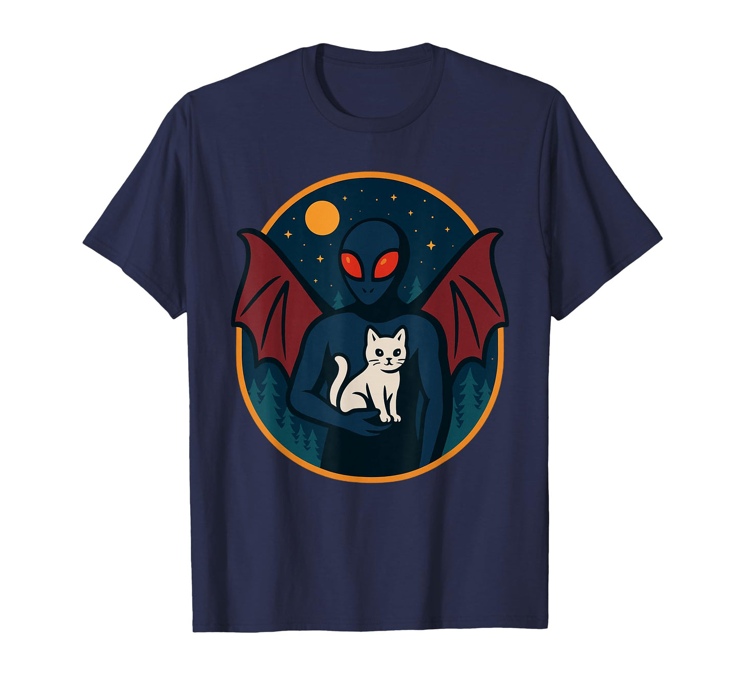 Funny Mothman Holds Cat Under Moonlight in Whimsical Forest T-Shirt