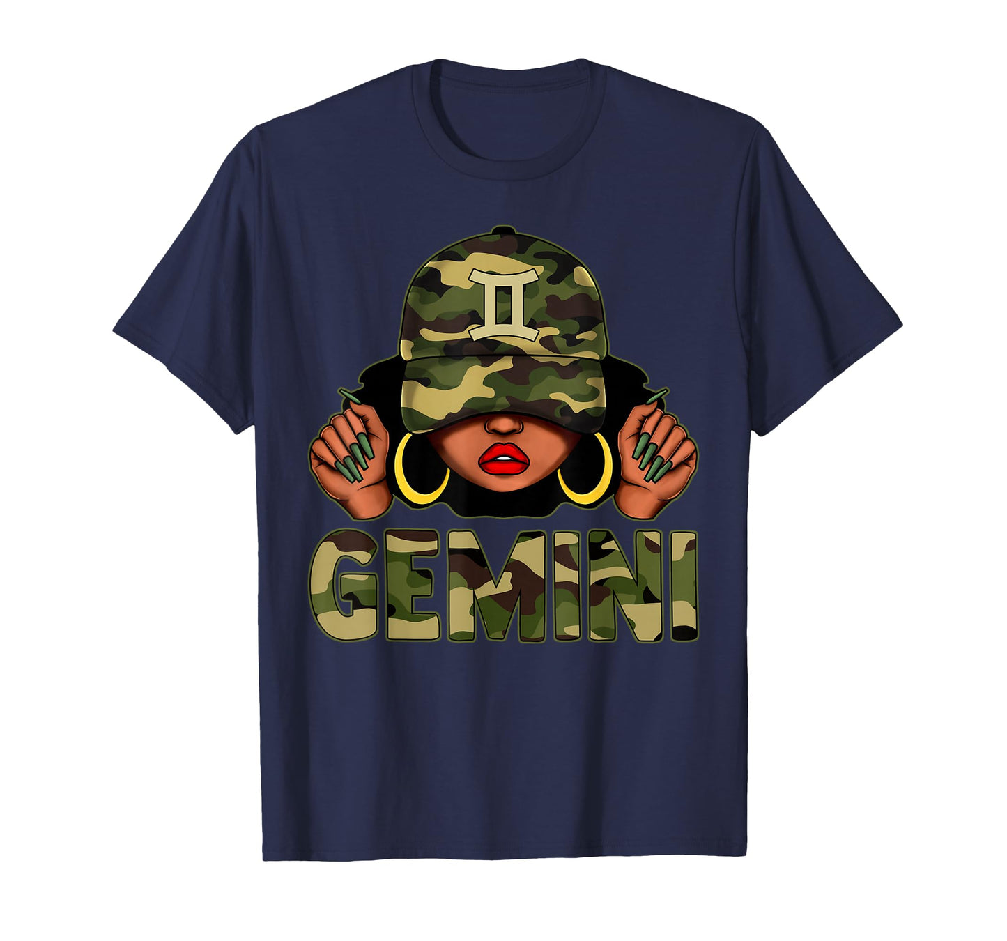 Gemini Queen Black Woman With Cap Camo Afro Girl Zodiac T-Shirt