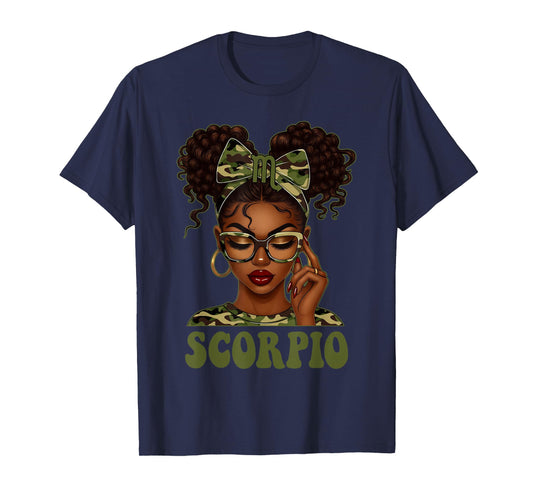 Scorpio Queen Black Girl Camouflage Bow It's My Birthday T-Shirt