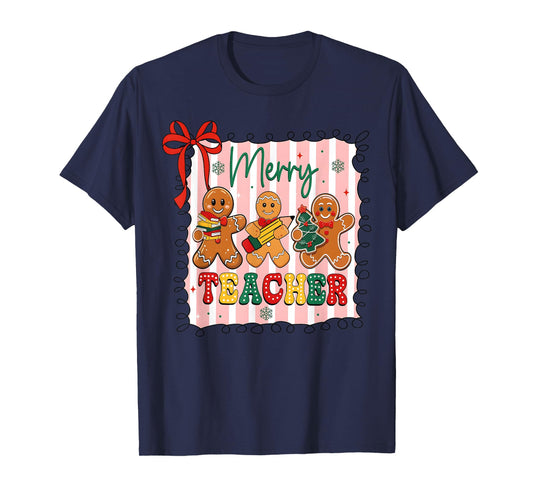 Christmas Preppy Gingerbread Coquette Bow Merry Teacher T-Shirt