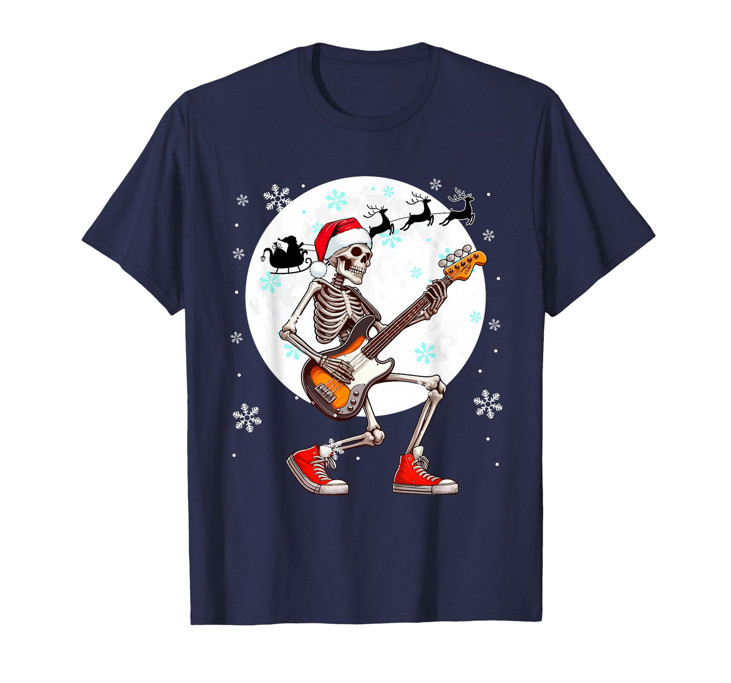 Christmas Santa Skeletons Playing Guitar Bass Guitarist T-Shirt