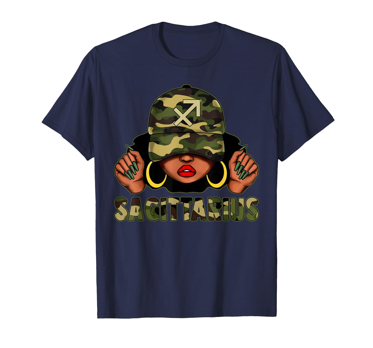 Sagittarius Queen Black Woman with Cap Camo Afro Girl Zodiac T-Shirt