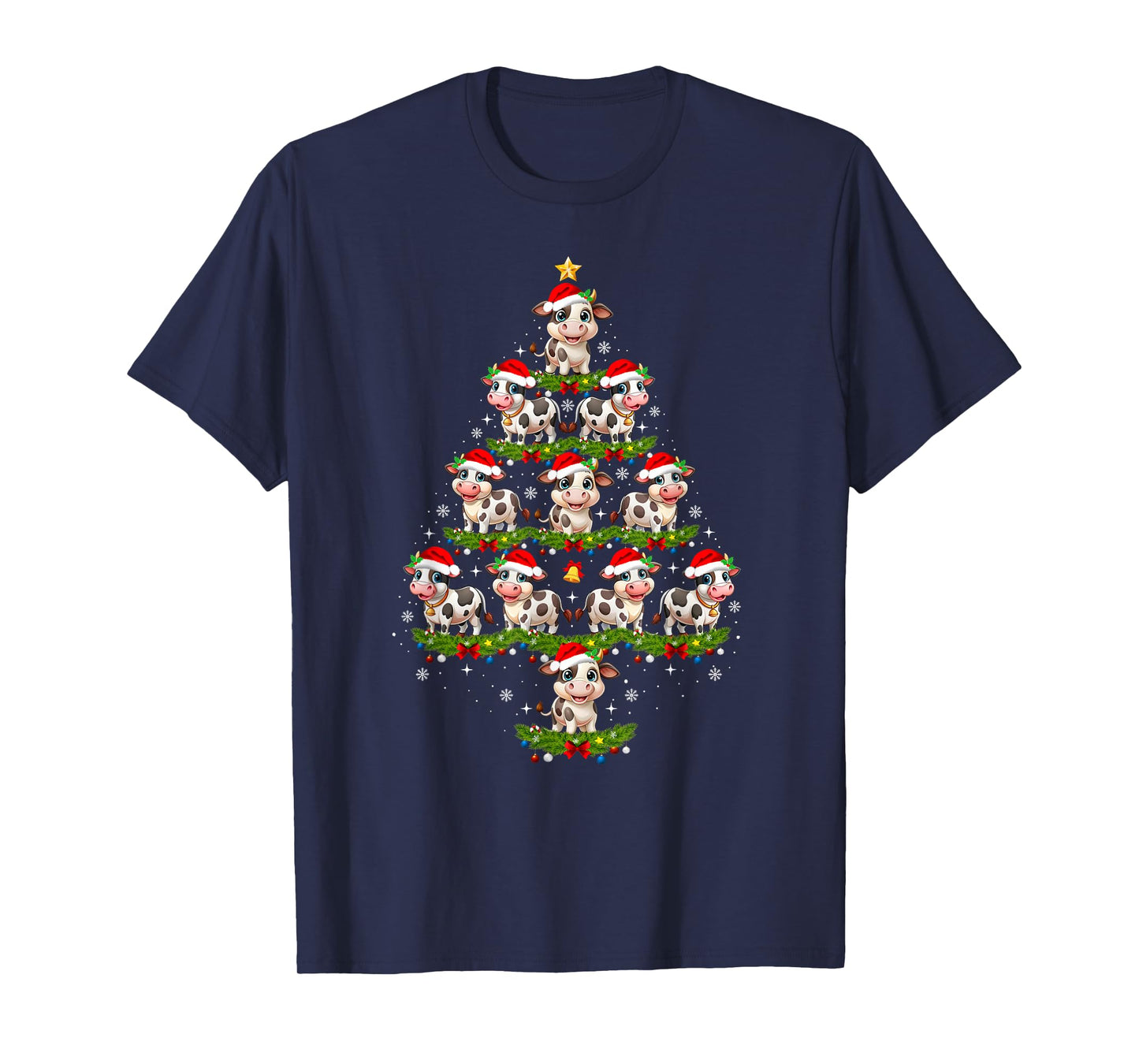 Cow Christmas Tree Lights Funny Xmas Family Men Women T-Shirt