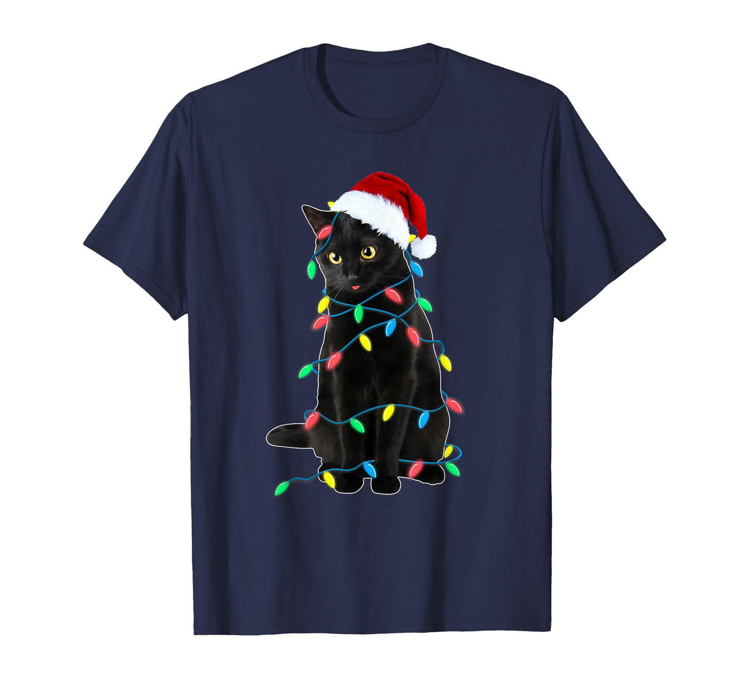 Black Cat Christmas Tree Lights Funny Santa Kitten Led Light T-Shirt