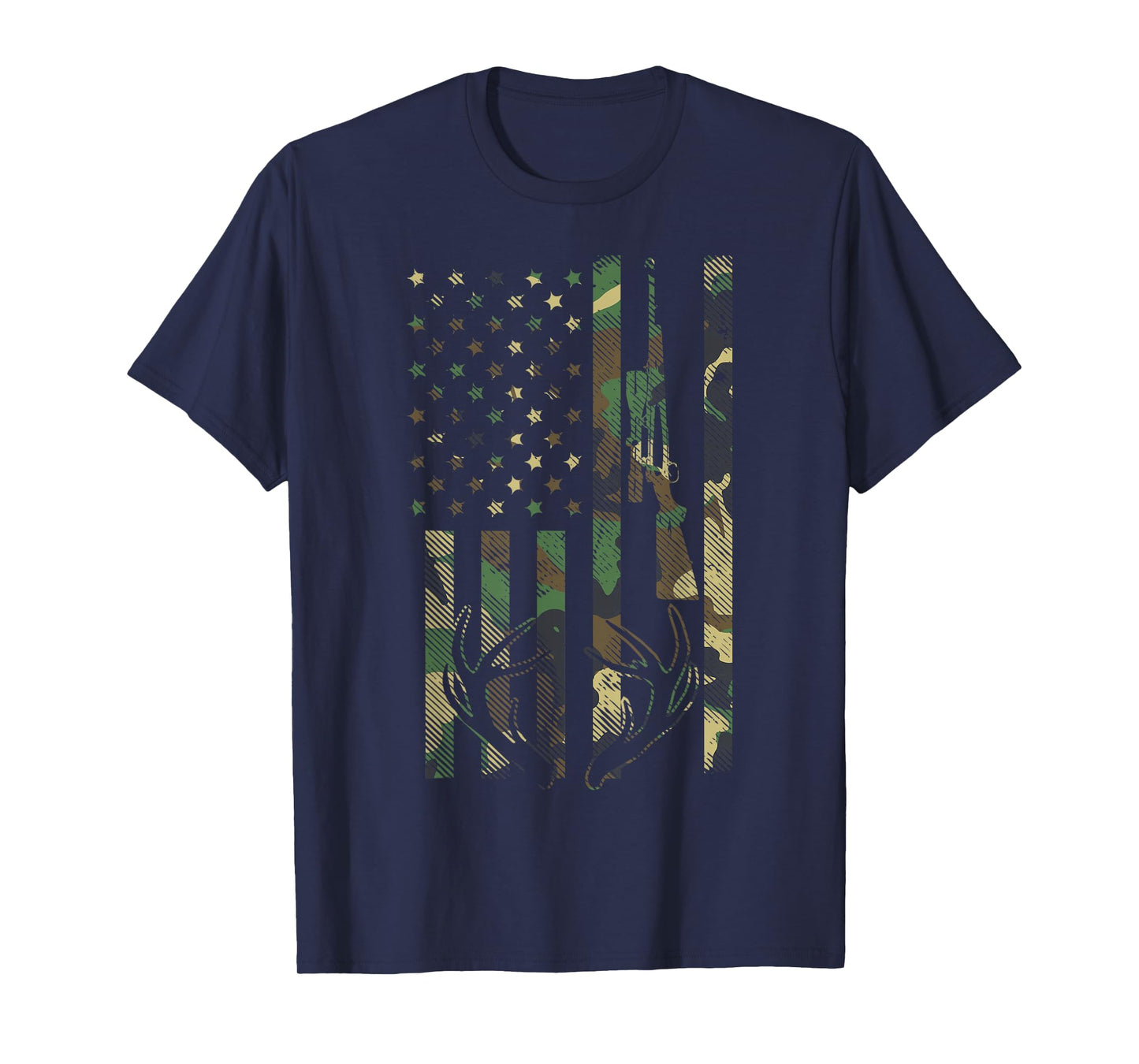 Camo American Flag Rifle Antler Deer Hunting Gun Hunter Gift T-Shirt