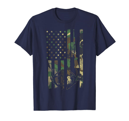 Camo American Flag Rifle Antler Deer Hunting Gun Hunter Gift T-Shirt
