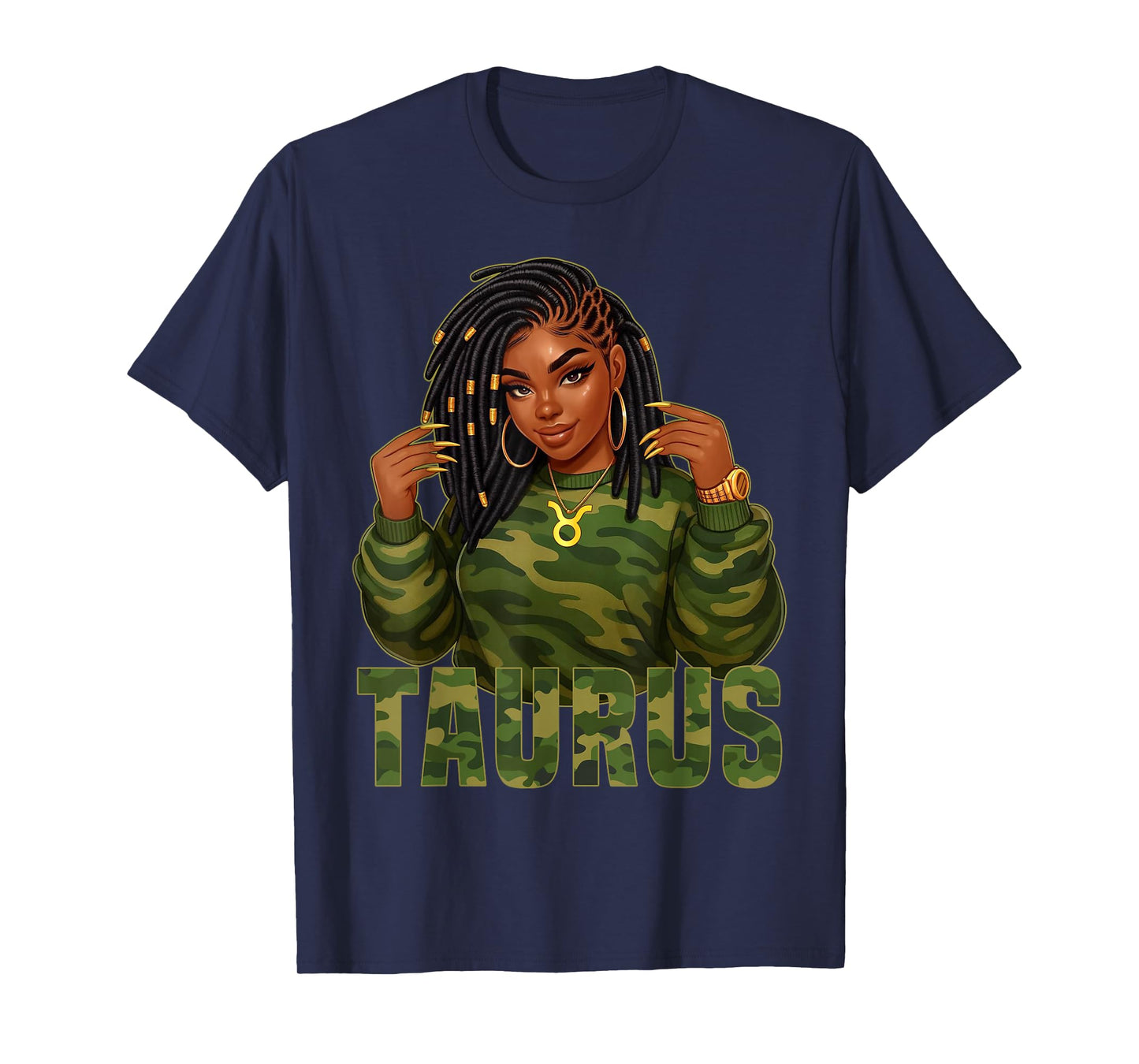 Taurus Queen Loc'd Black Woman Camo Zodiac Sign T-Shirt