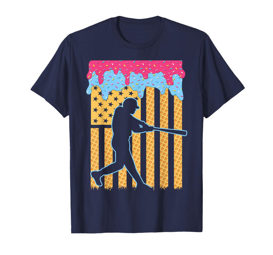 Baseball Drip Bat Boys Ice Cream American Flag 4th of July T-Shirt