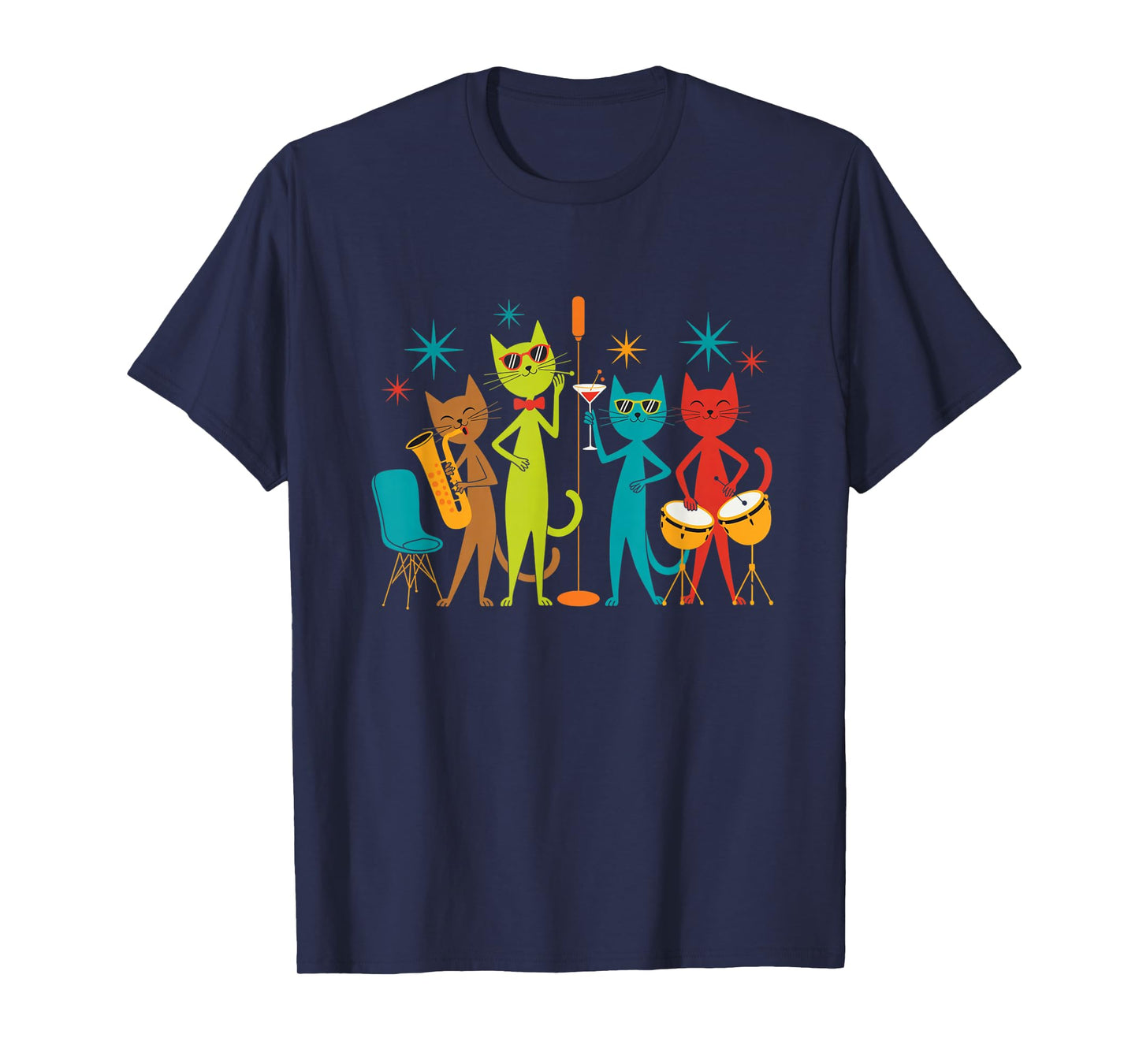 Vintage Mid Century Modern Look Cat Band 50s 60s Style T-Shirt