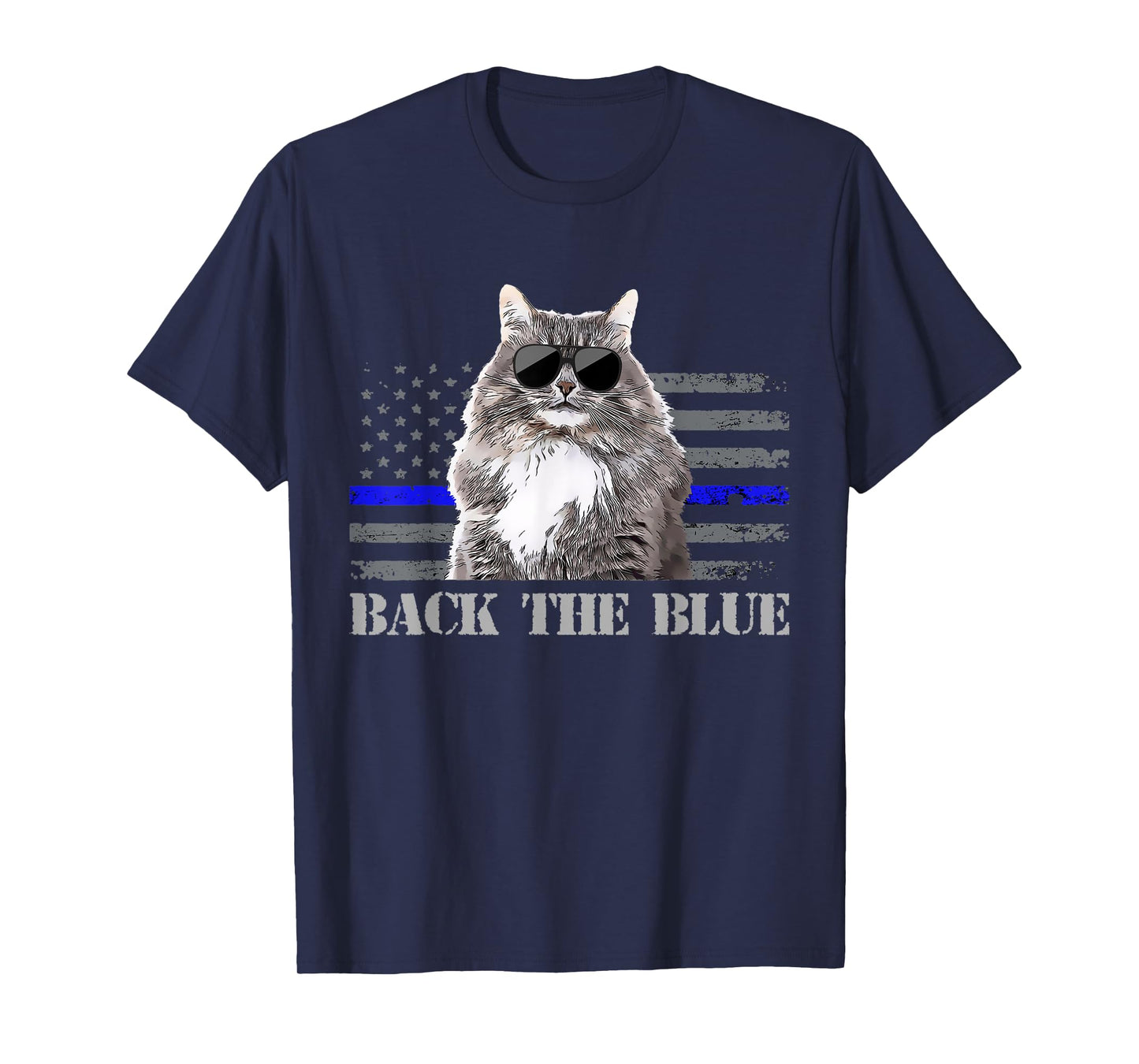 Back the Blue Police Cat Thin Blue Line American Flag T-Shirt for Women Kids Men