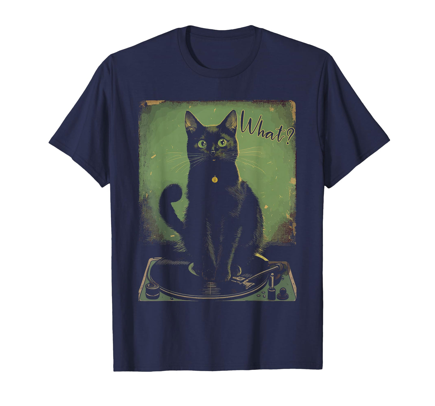 Black Cat Sitting On Vinyl Record Player Women Men T-Shirt