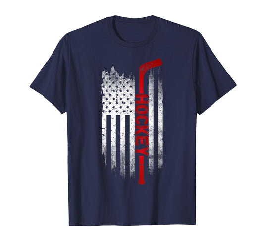 Ice Hockey Stick USA Flag Sports Patriotic Hockey Player T-Shirt