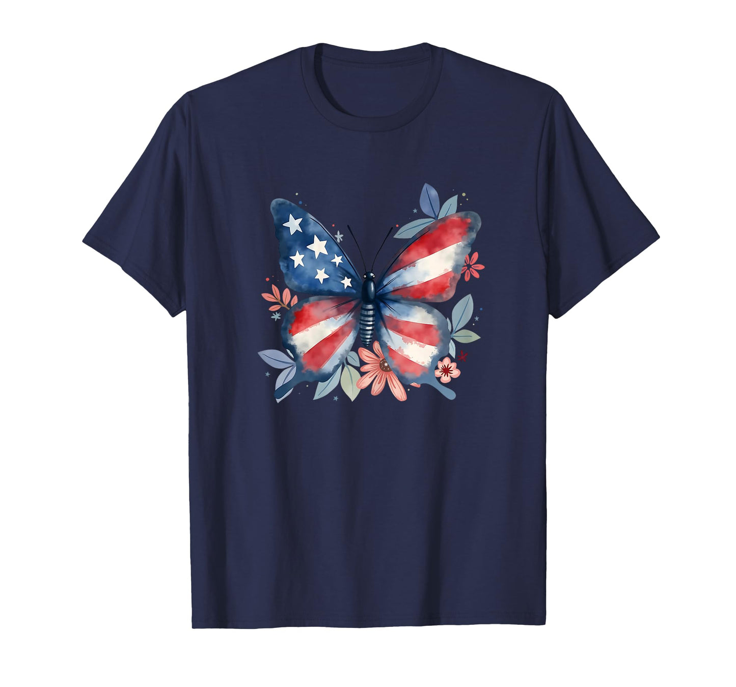 Butterfly Floral American Flag USA 4th Of July Girls Women T-Shirt