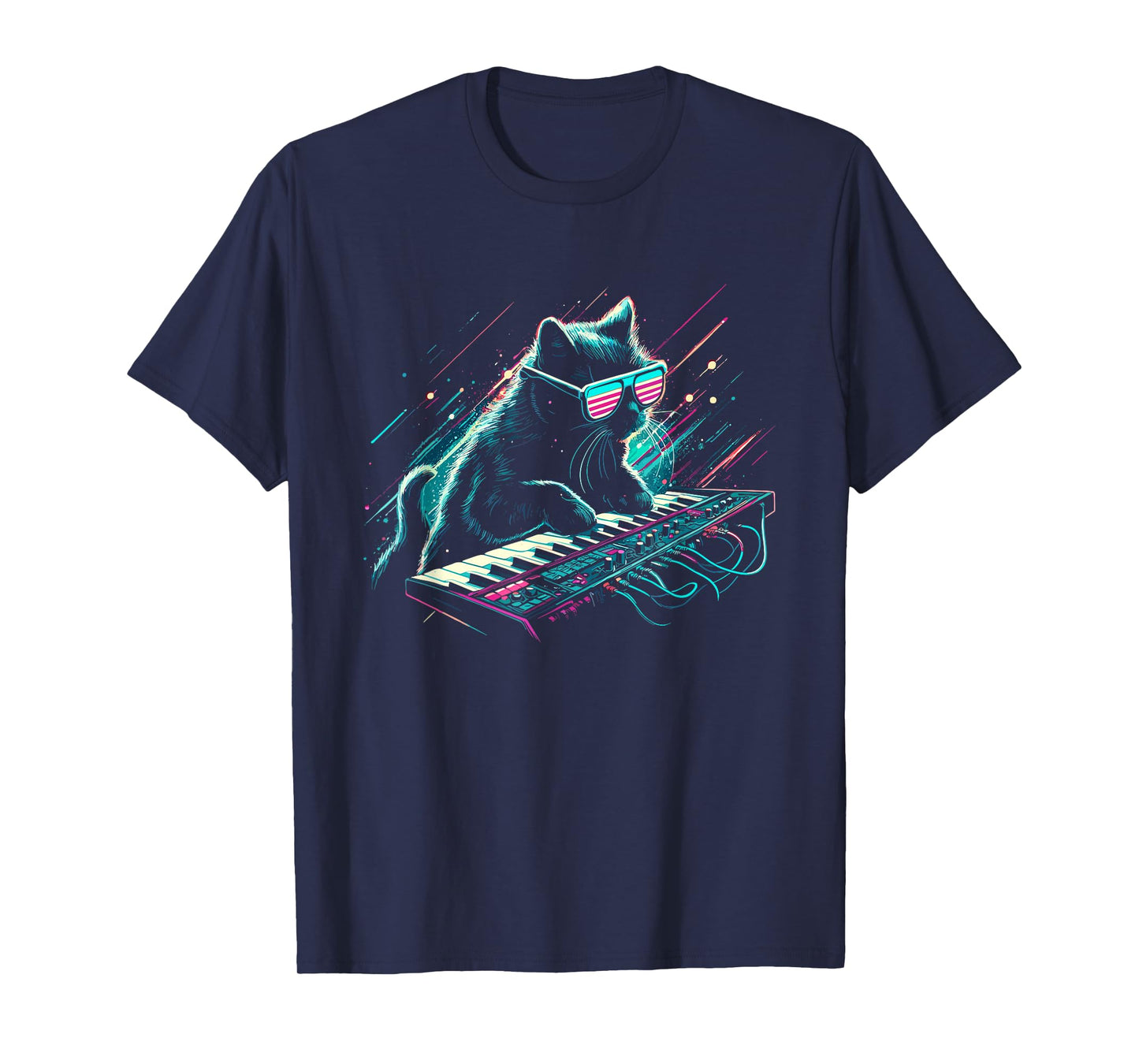 DJ Cat With Synthesizer - Funny Vintage 80s 90s Disco Cat T-Shirt