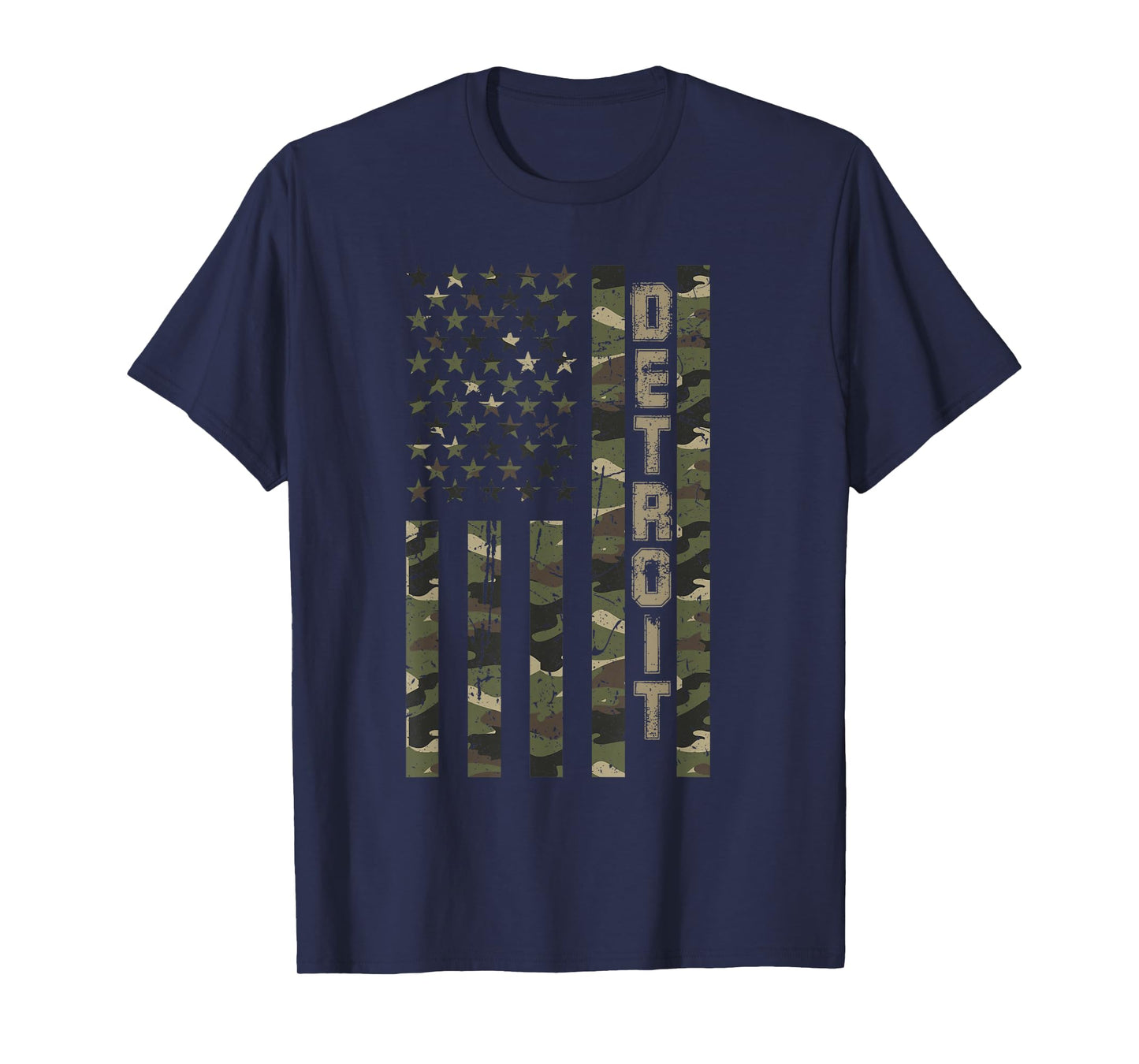 Detroit United States Distressed Camo w US Flag T-Shirt