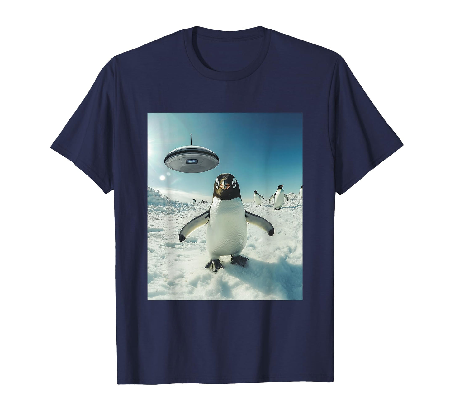 Penguin Bird Selfie with UFOs Aliens Funny Graphic T-Shirt