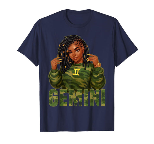 Gemini Queen Loc'd Black Woman Camo Zodiac Sign T-Shirt