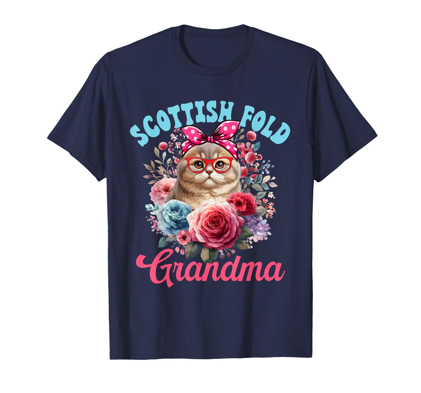 Scottish Fold Grandma Mother's Day Cat Bow Tie Floral T-Shirt