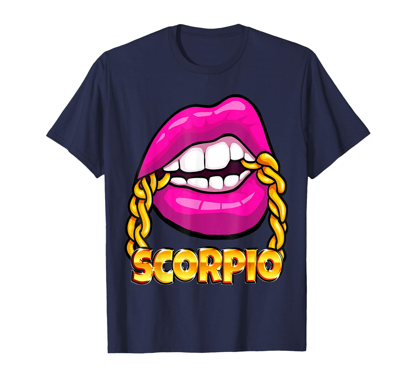 Black Queen Juicy Lips Pink Gold Chain Scorpio Zodiac Sign T-Shirt