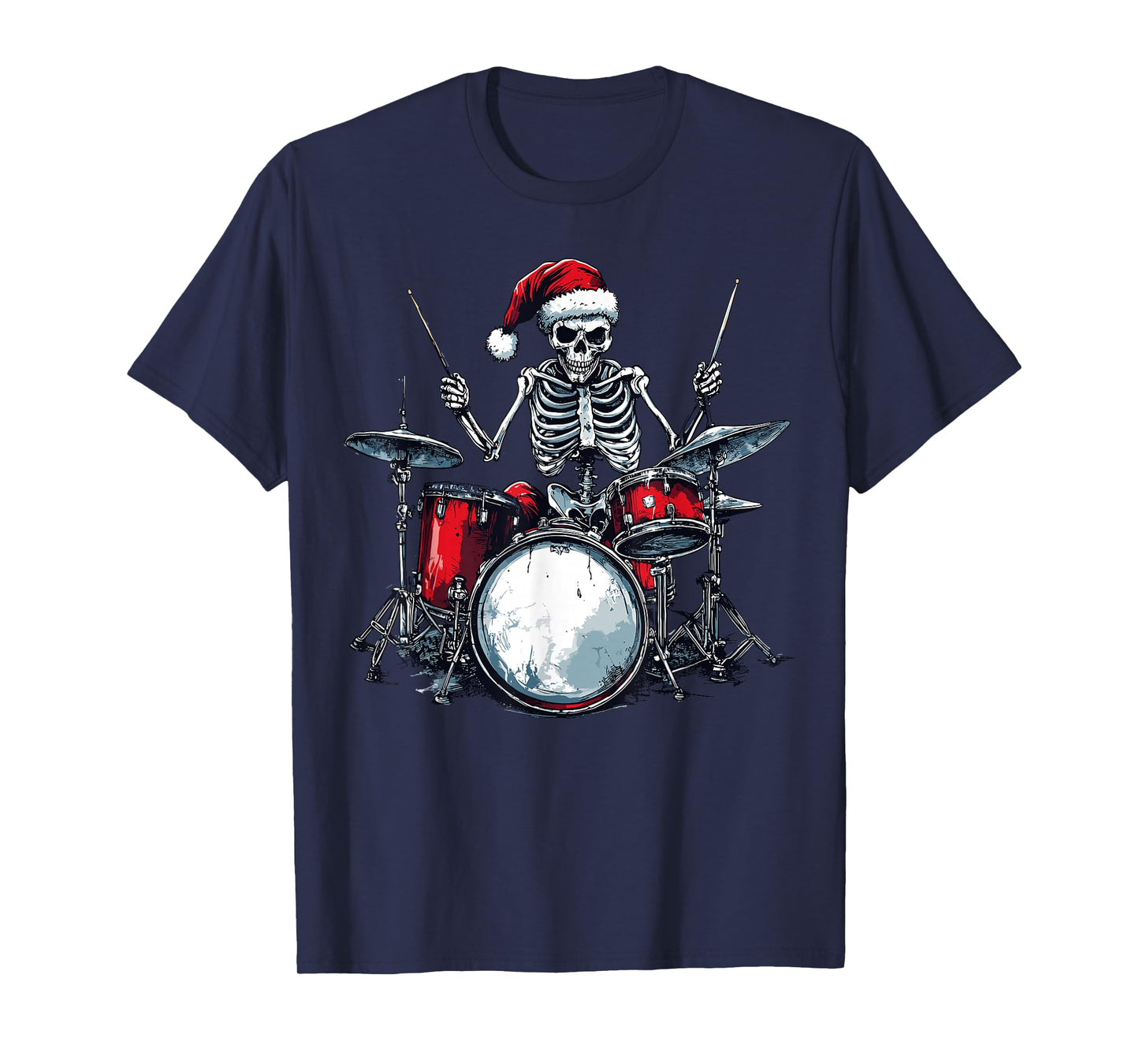Santa Skeleton Playing Drum Percussionist Drummer Christmas T-Shirt