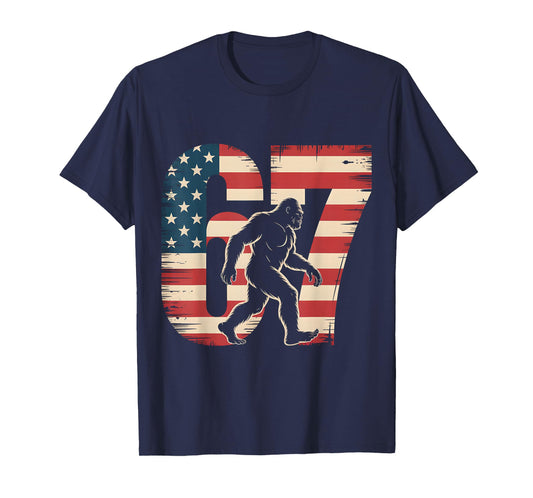 67 Bigfoot American Flag Sasquatch Six Seven 6 7 Meme 67 T-Shirt