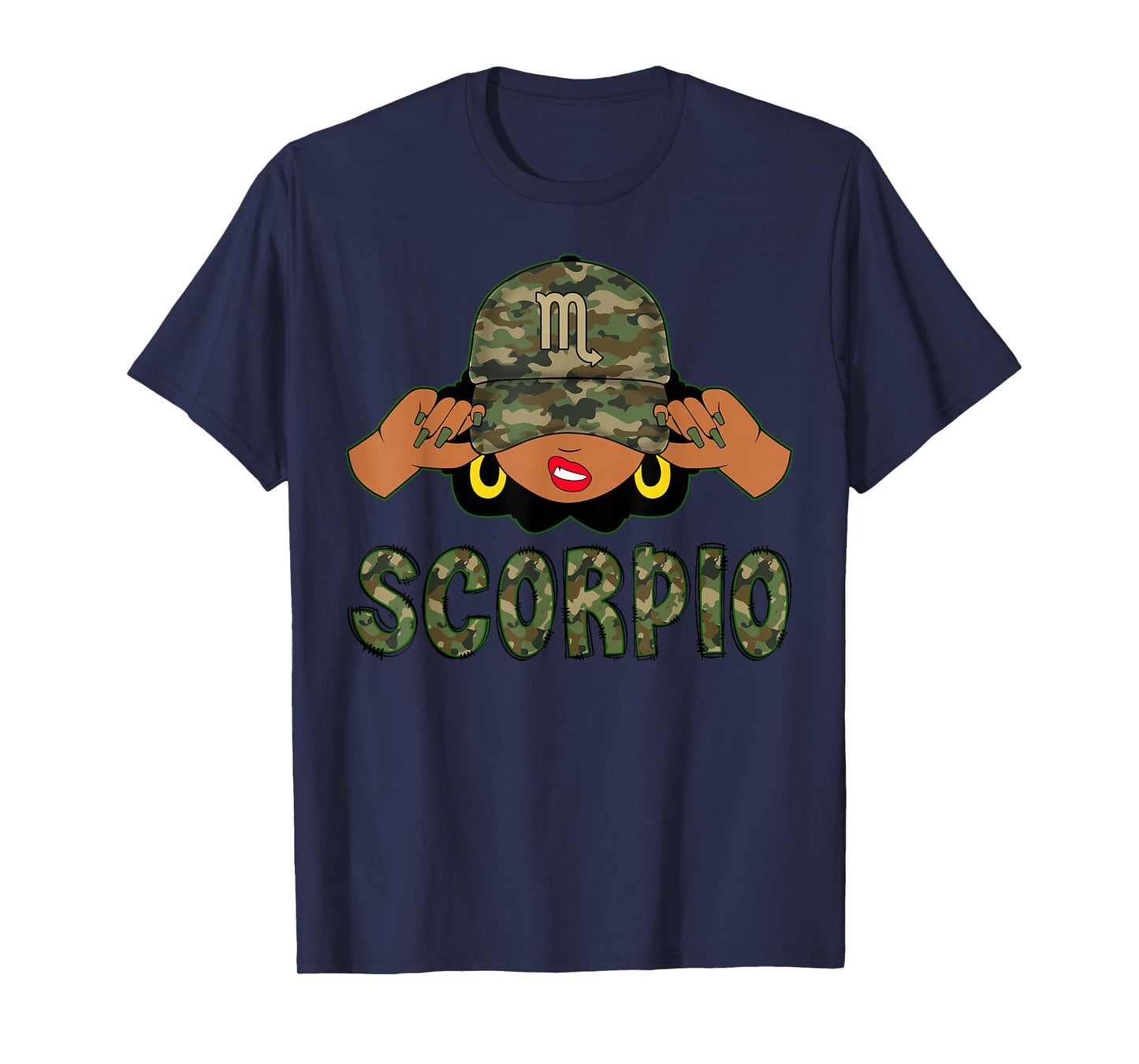 Scorpio Queen Black Woman With Camo Cap Afro Girl Zodiac T-Shirt