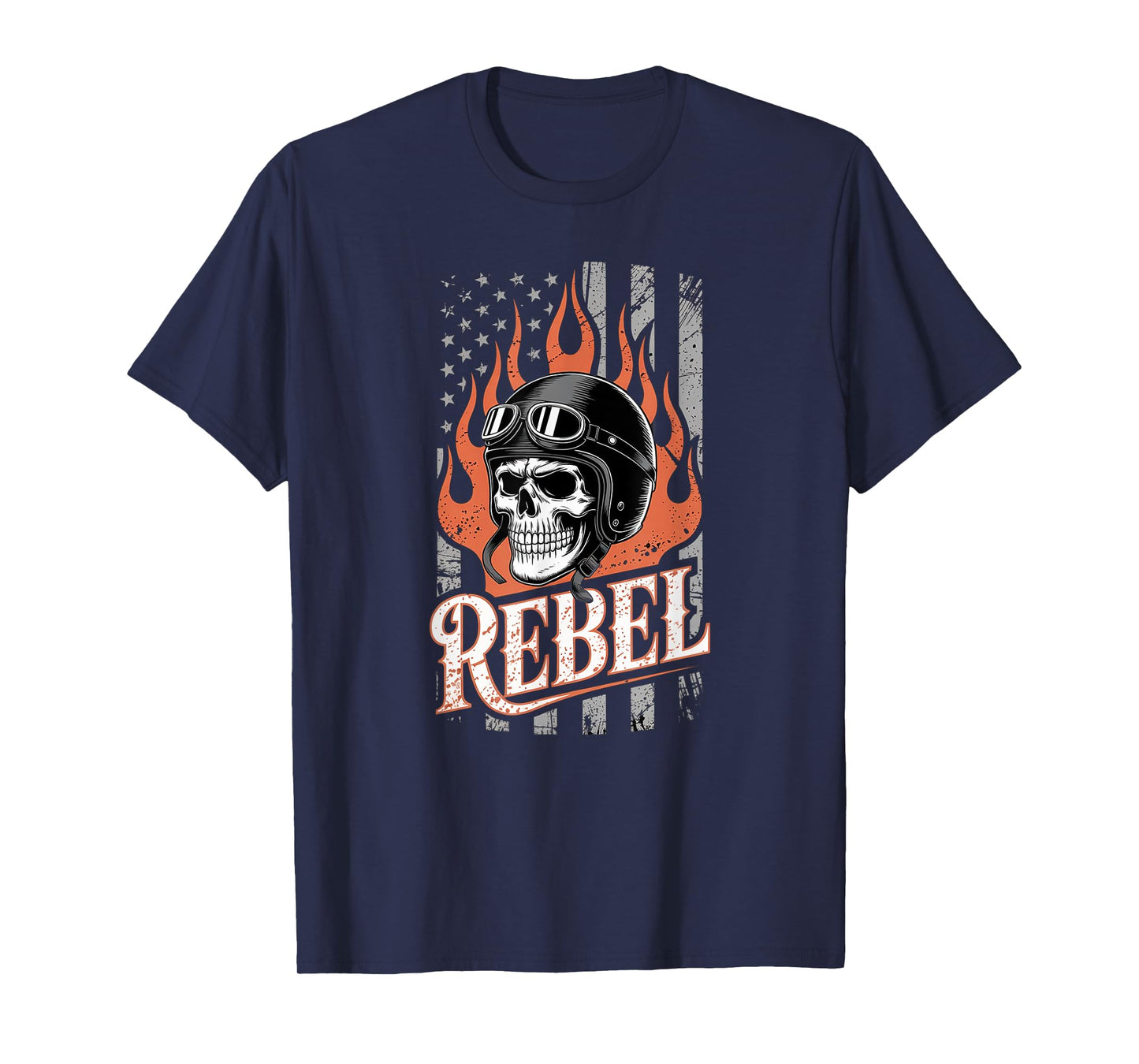 Biker Skull Vintage Art with Flames and American Flag T-Shirt