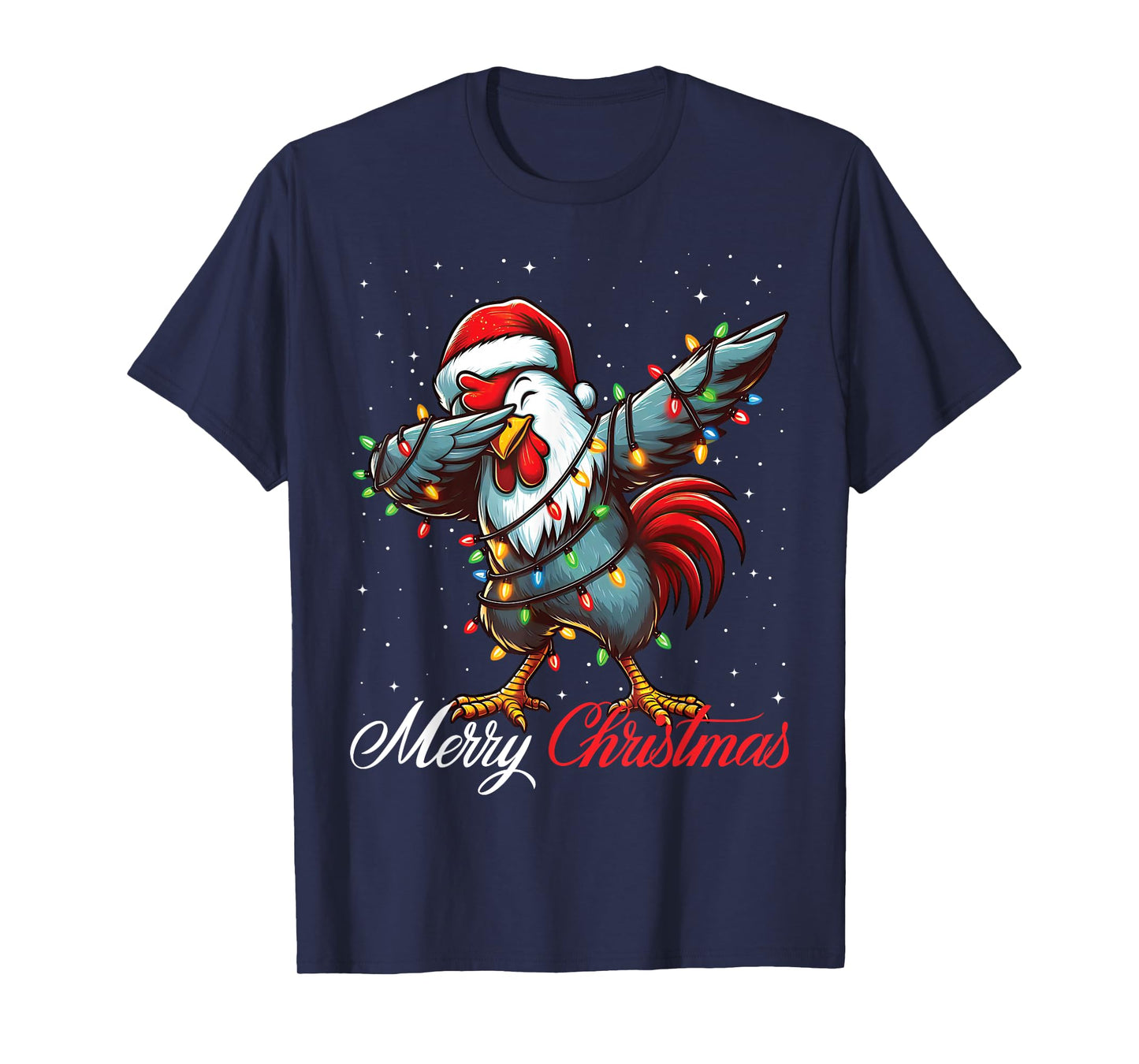 Dabbing Rooster Merry Christmas Lights Santa Hat Xmas Snow T-Shirt