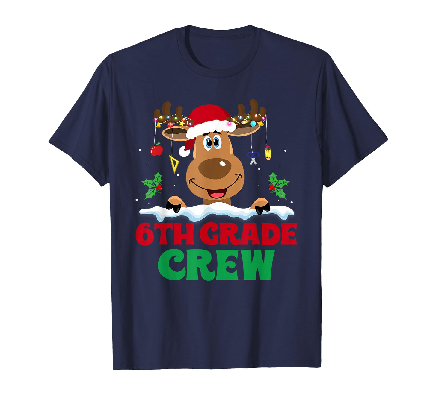 6th Grade Crew Reindeer Santa Hat Funny Christmas Teacher T-Shirt