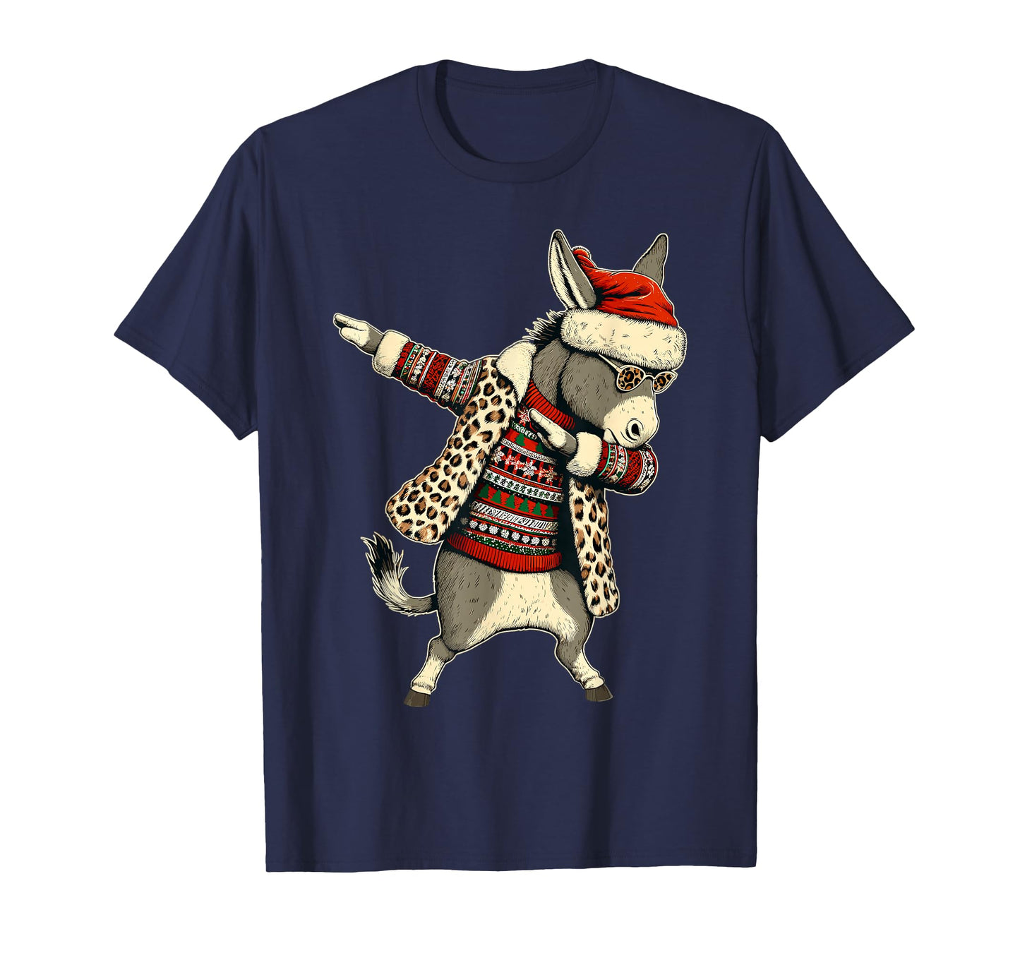 Donkey Leopard Print Dabbing Santa Hat Christmas Pajama Love T-Shirt