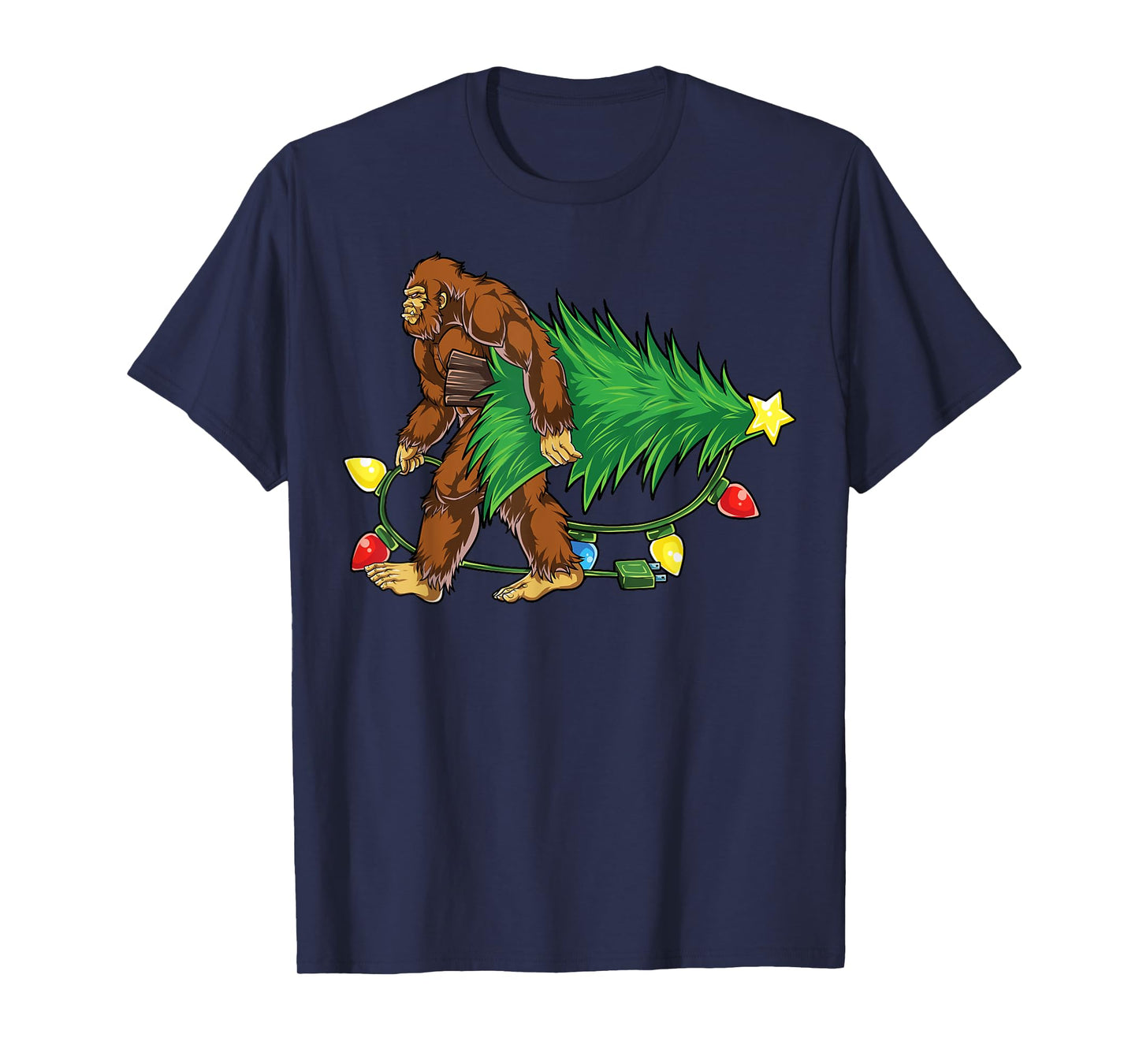Bigfoot Christmas Tree Lights Xmas Boys Men Sasquatch Lovers T-Shirt