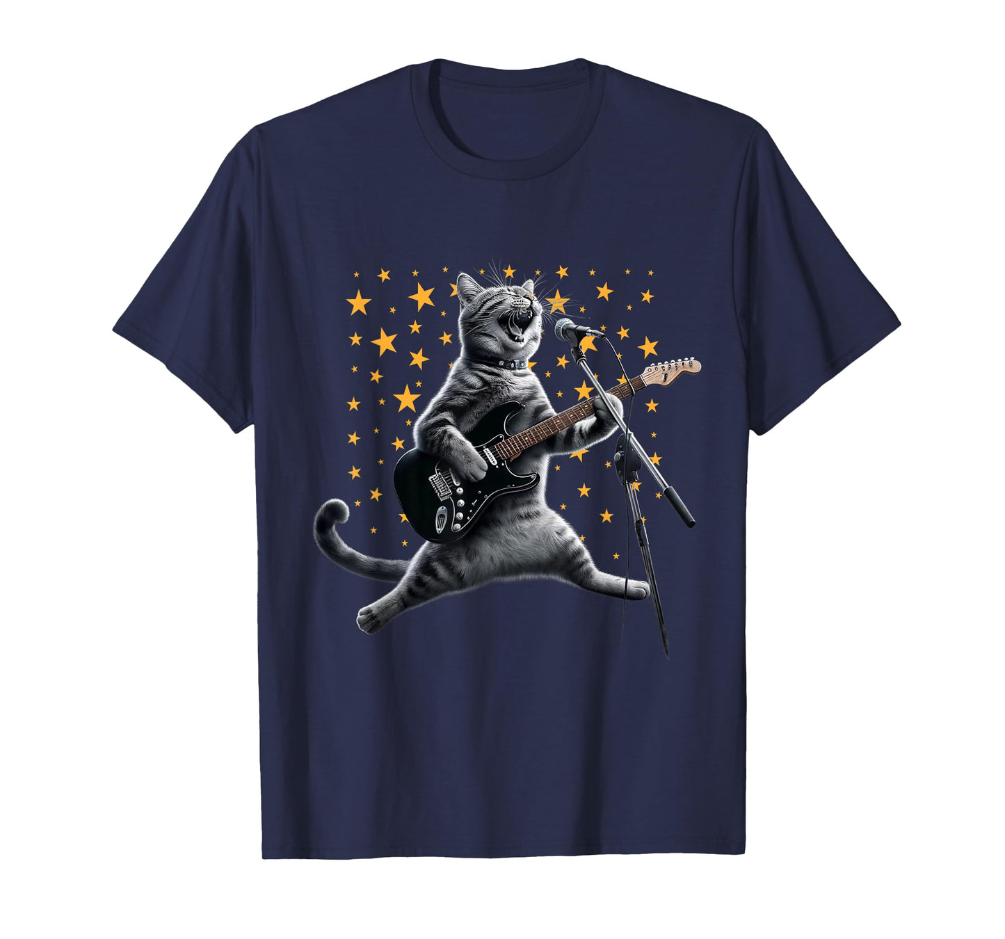 Rock Cat Playing Guitar Electric in space Funny kitty Galaxy T-Shirt