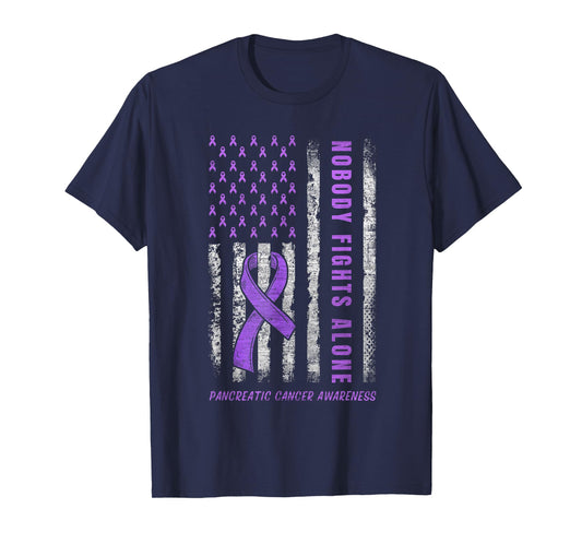 Purple Ribbon USA Flag Pancreatic Cancer Awareness T-Shirt