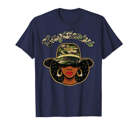 Sagittarius Queen Camo Black Woman Birthday Zodiac Sign Afro T-Shirt