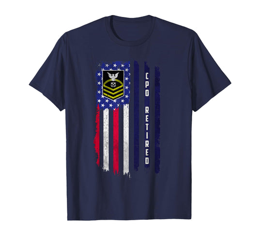 Retired E-7 Chief Petty Officer CPO Rank American Flag Papa T-Shirt