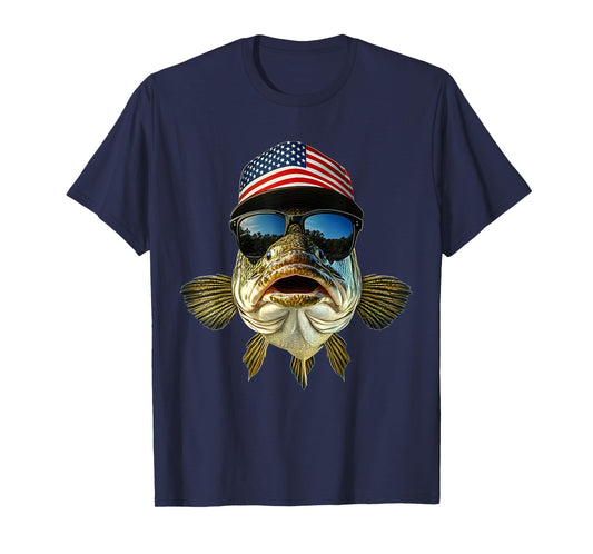 Bass Fishing Outfit USA Flag America Cap and Sunglasses T-Shirt