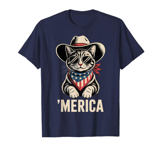 Merica Cowboy Cat American Flag 4th of July Patriotic Cat T-Shirt