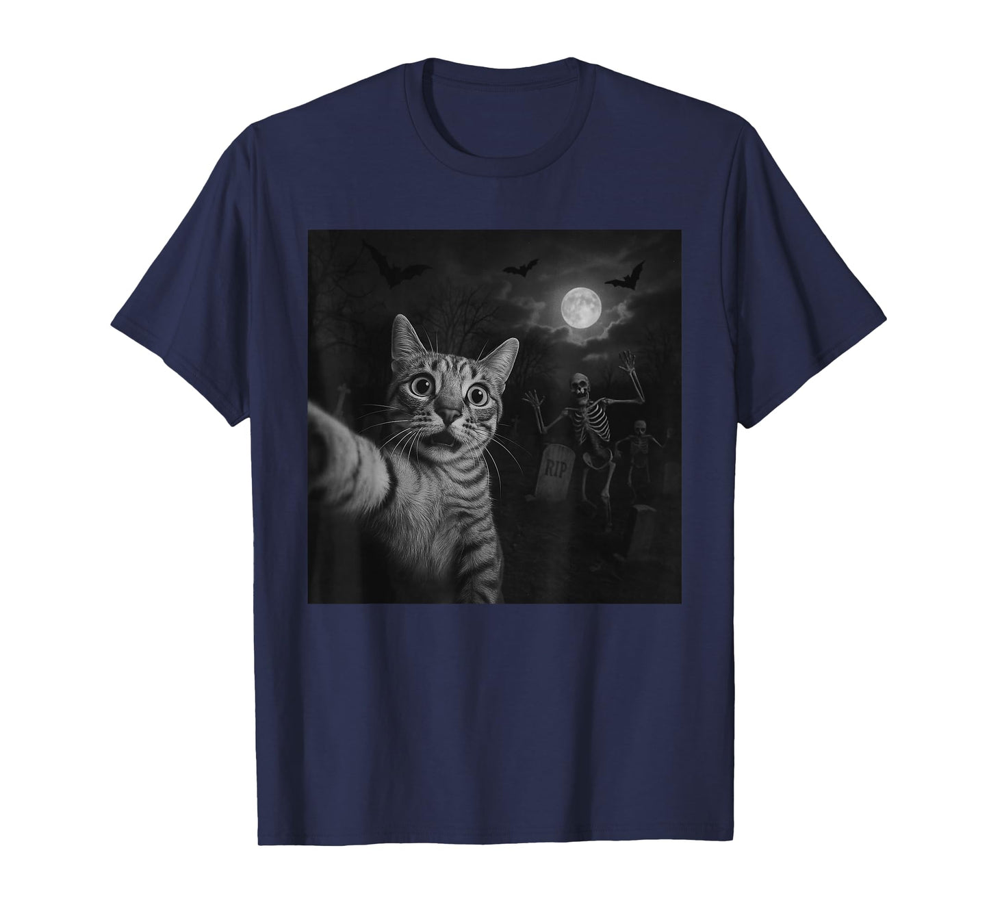 Funny Halloween Surprised Scared Cat Selfie Spooky Skeleton T-Shirt