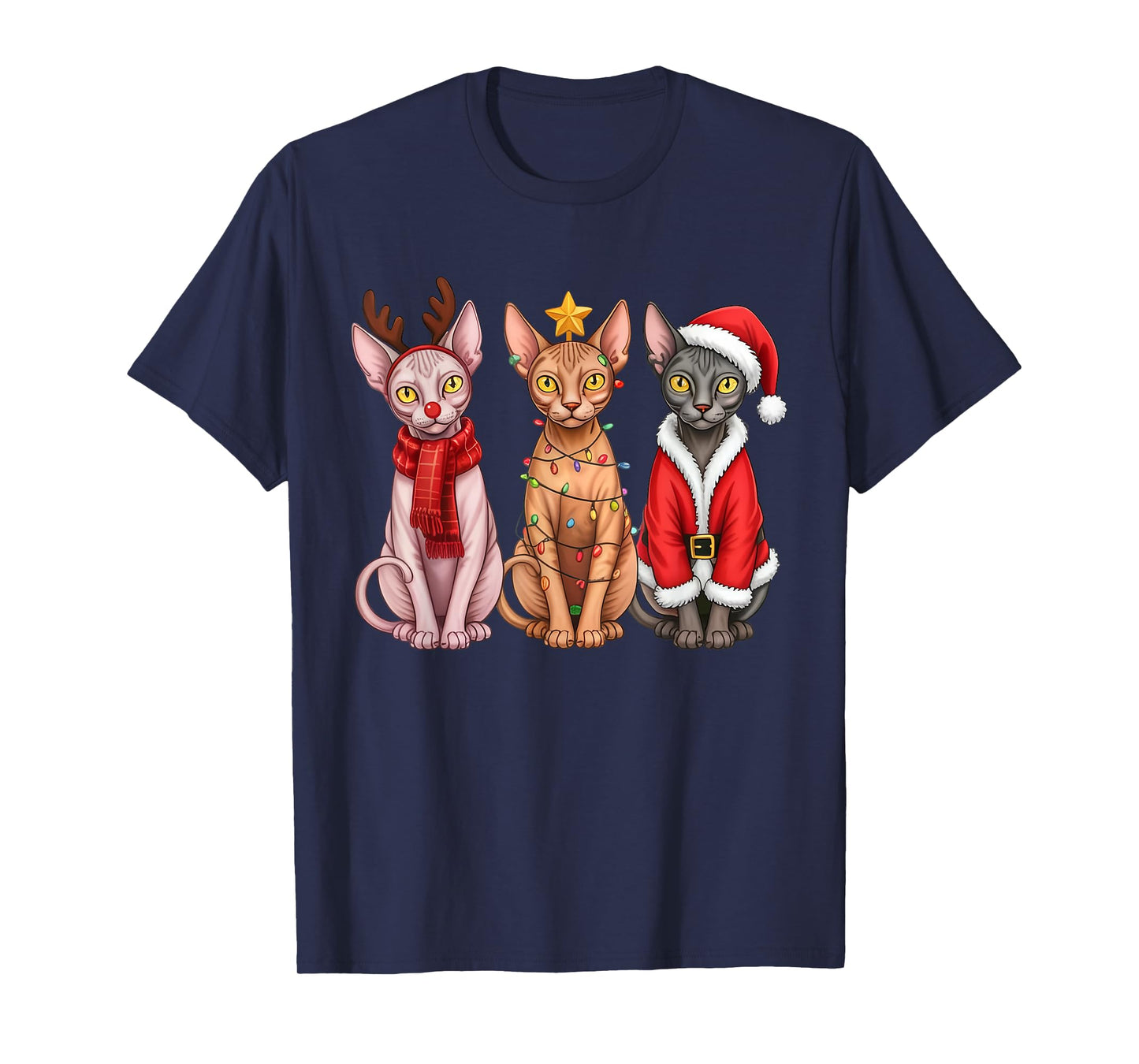 Retro Christmas Sphynx Cat Santa Reindeer T-Shirt