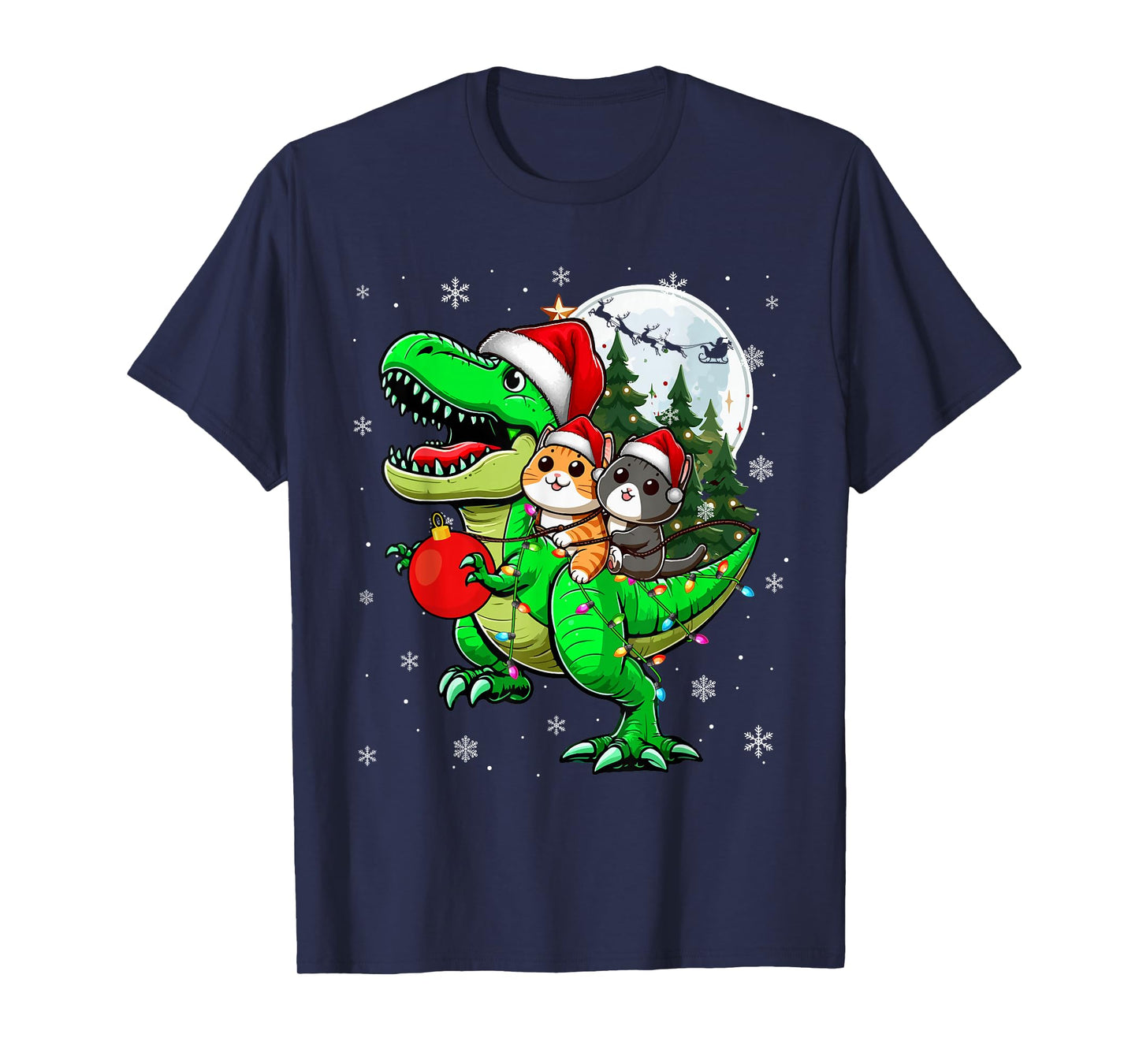 Two Xmas Cats Riding T-Rex Reindeer Lover Kids T-Shirt