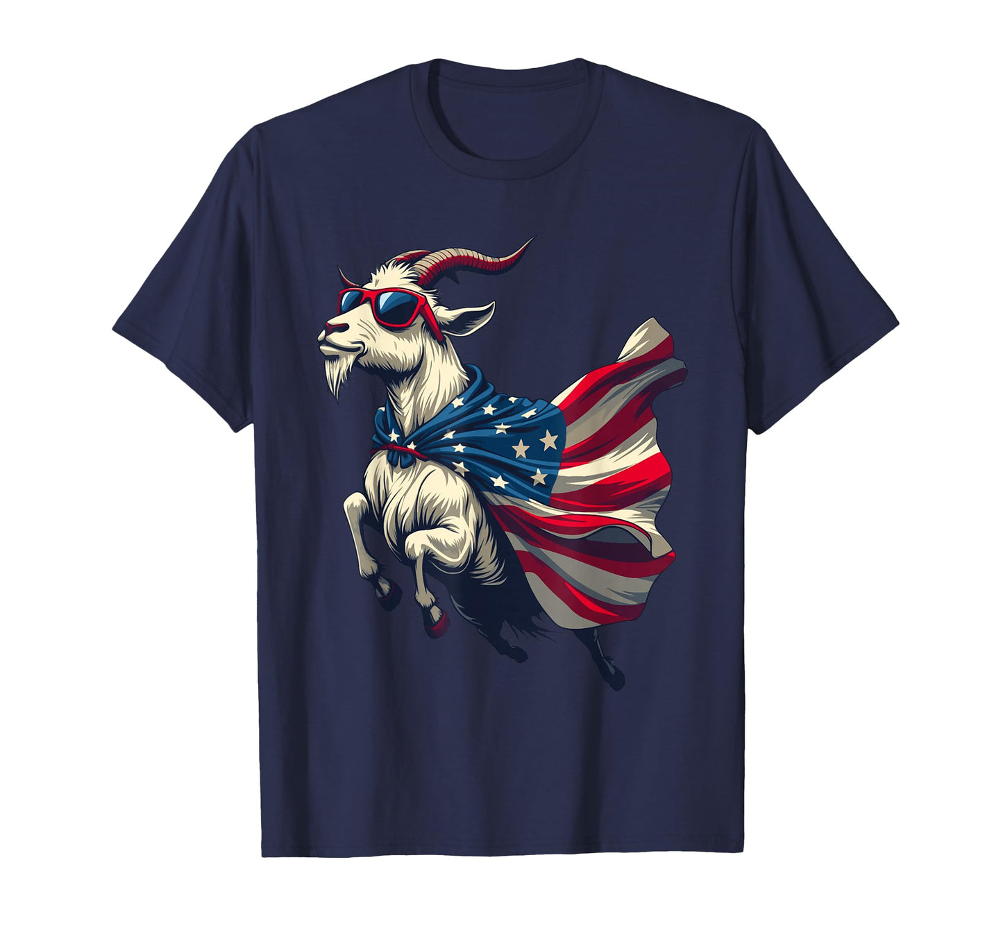 Cool Patriotic Goat in American Flag Cape with Sunglasses T-Shirt