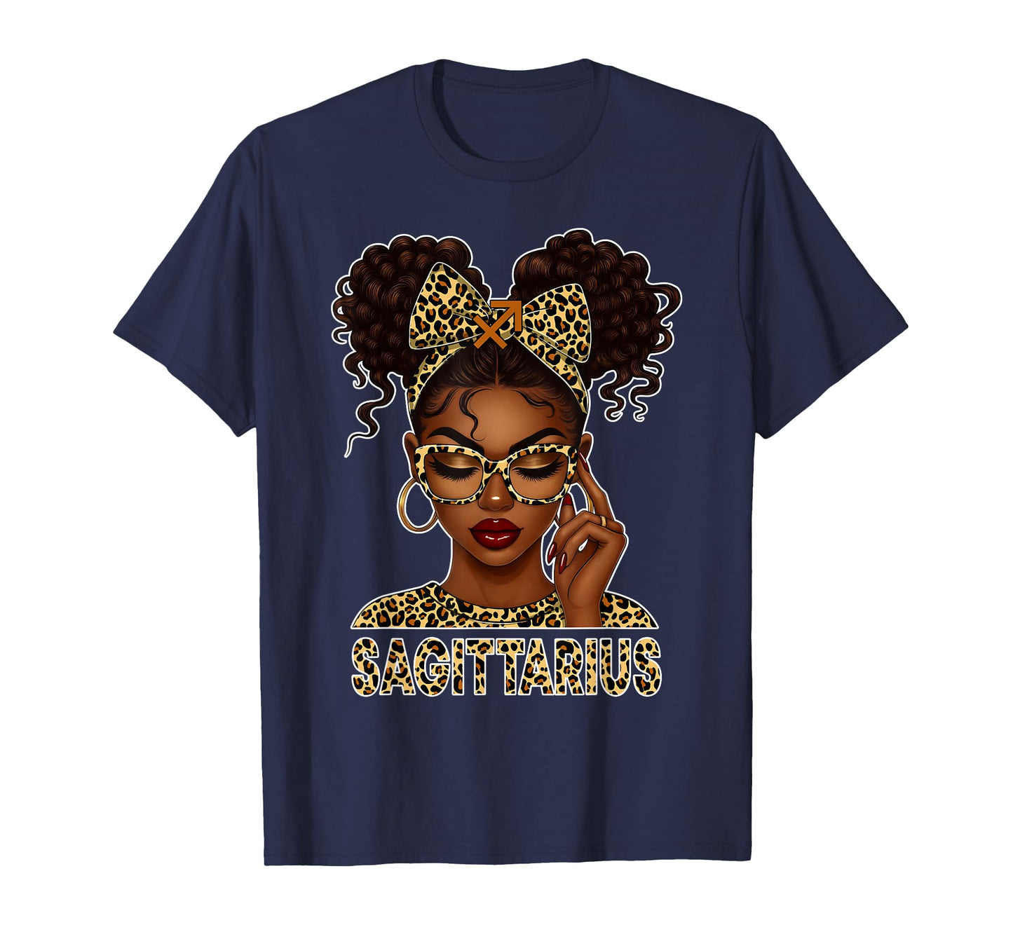 Sagittarius Woman Black Girl Leopard Bow Zodiac Birthday T-Shirt