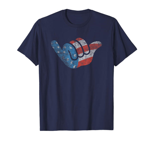 Patriotic Surfer Hang Shirt American Flag Loose Hand Sign T-Shirt