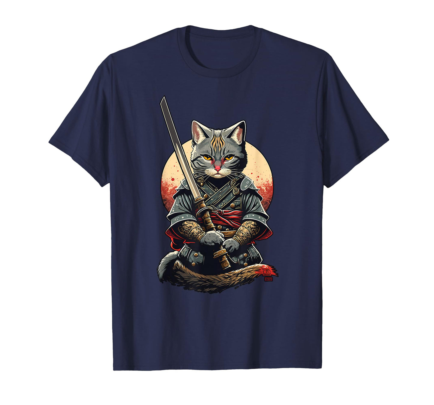 Retro Japanese Warrior Katana Ninja Cat, Samurai Kitten T-Shirt