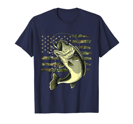 Bass Fish Fishing USA American Flag Camouflage Fisherman T-Shirt