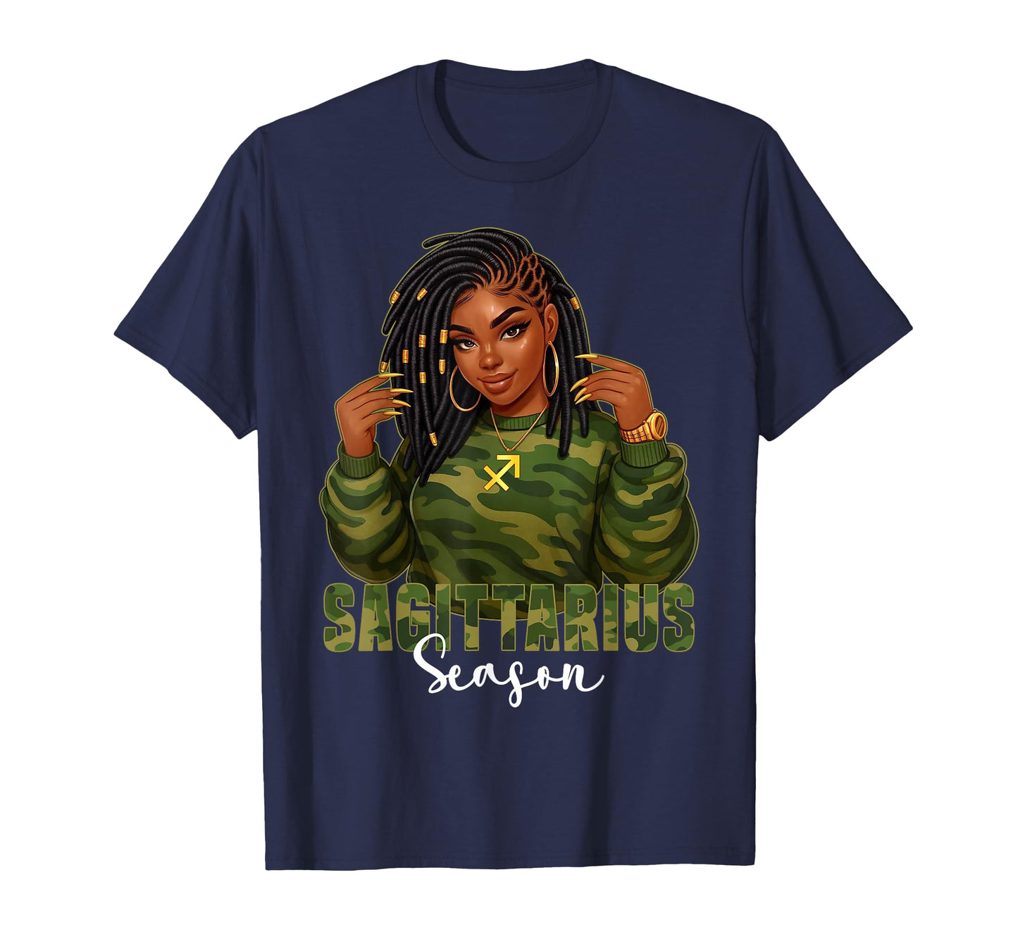 Sagittarius Season Loc'd Black Woman Camo Zodiac Sign T-Shirt