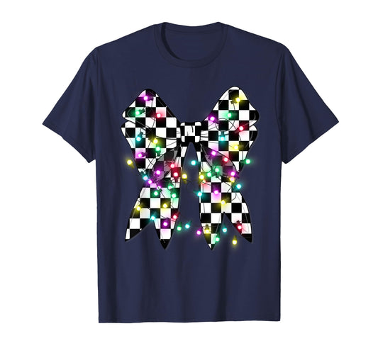 Checkered Christmas Bow with Lights T-Shirt