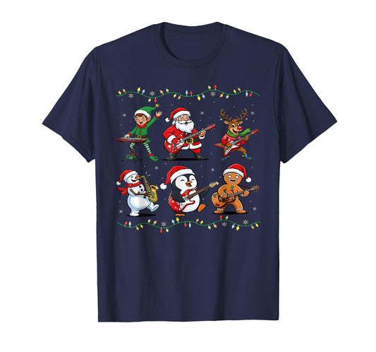 Christmas Band Santa Elf Reindeer Guitar Rock and Roll Music T-Shirt