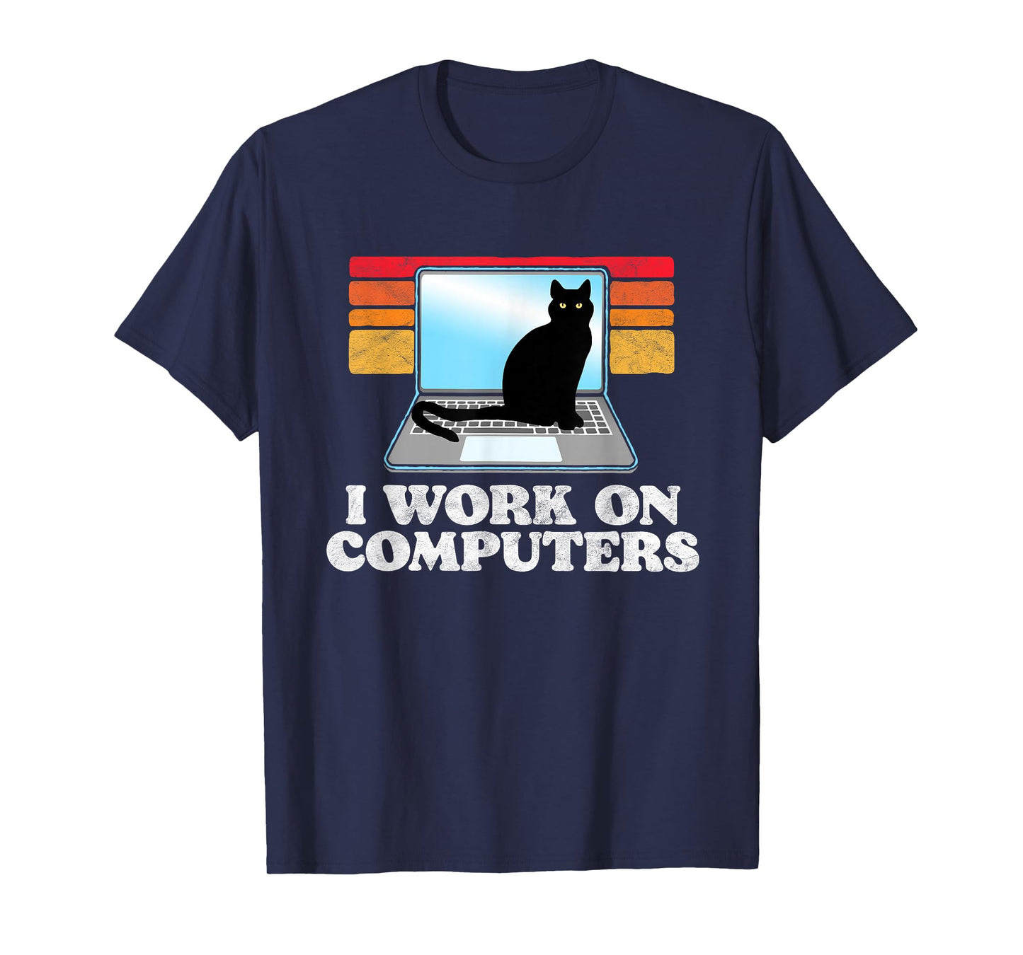 I Work On Computers Distracting Cat on Laptop Funny Retro T-Shirt